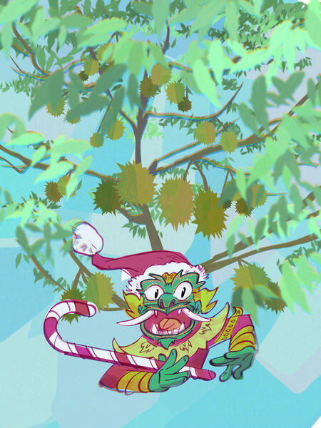 Christmas Yaksha Tradition Thai temple guardian, this time ready for Christmas with Durian tree!